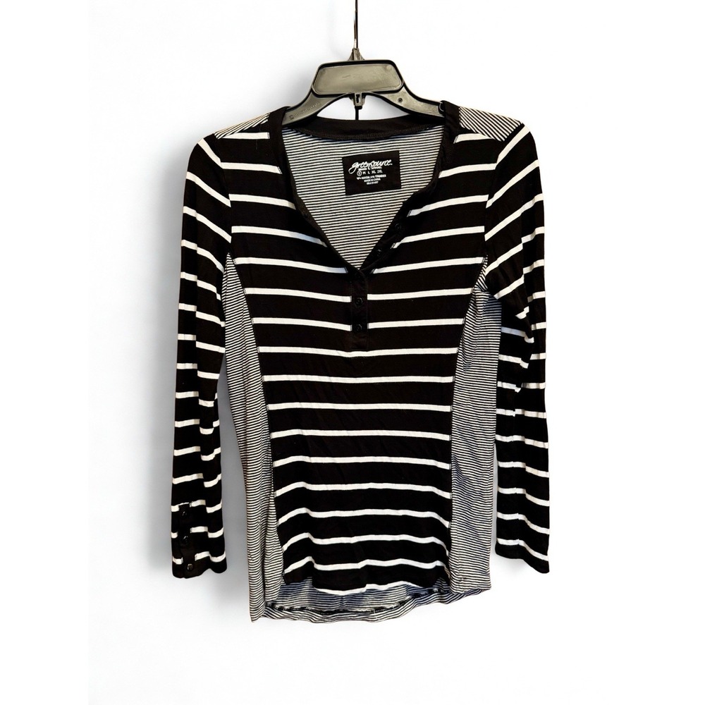 Green Source Black And White Striped Long Sleeve Henley‎ Y2K Fitted Retro Prep S